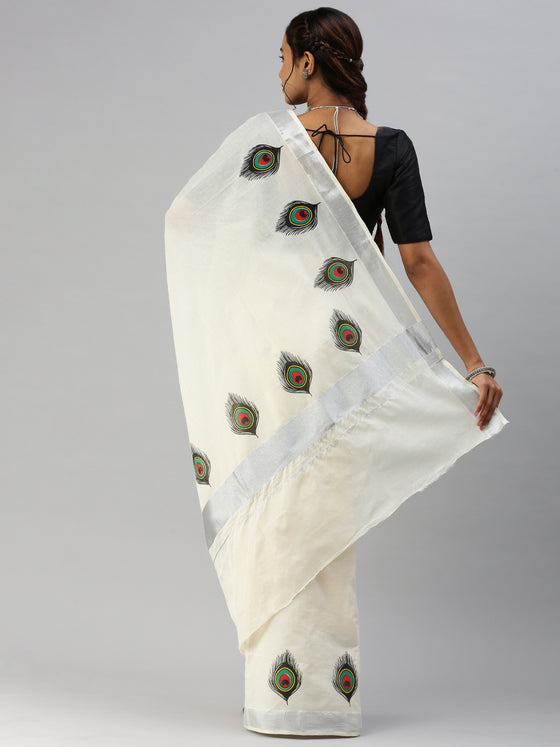 Kerala Off White Peacock Feather Design Printed Silver Jari Saree OKS03