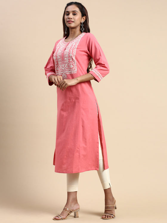 Cotton Embroidered Round Neck Straight Cut Pink Kurti EK27