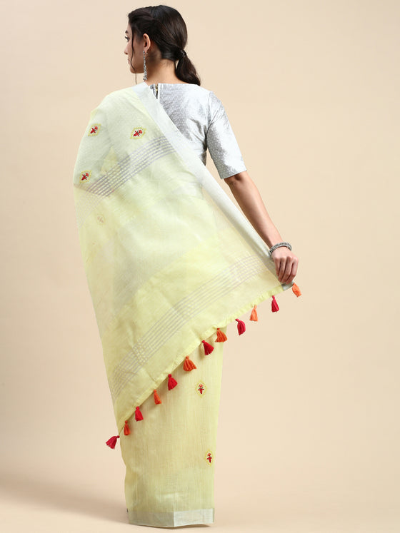 Classy Semi Linen Yellow Printed Embroidery Saree SLPE03
