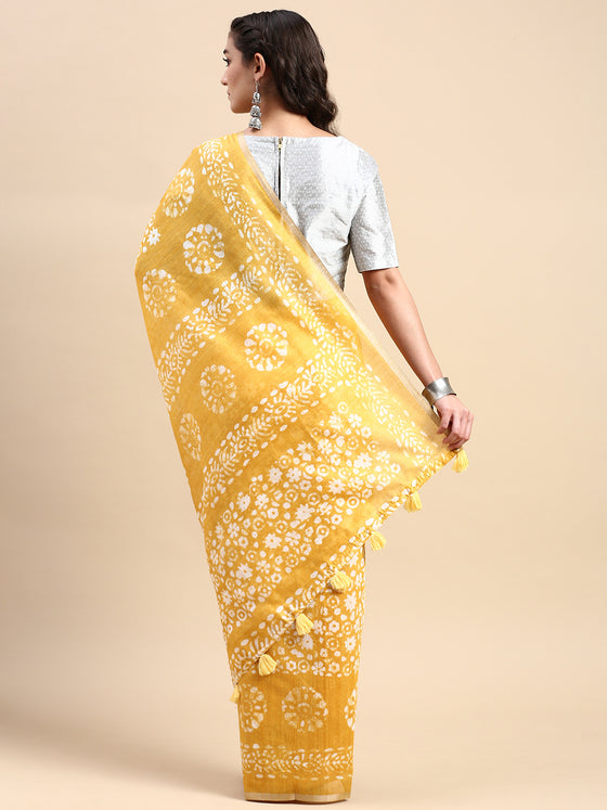 Elegant Semi Linen Yellow Flower Design Digital Printed Saree SL65