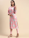 Cotton Pink & Grey Round Neck Straight Cut Printed Kurti PK32