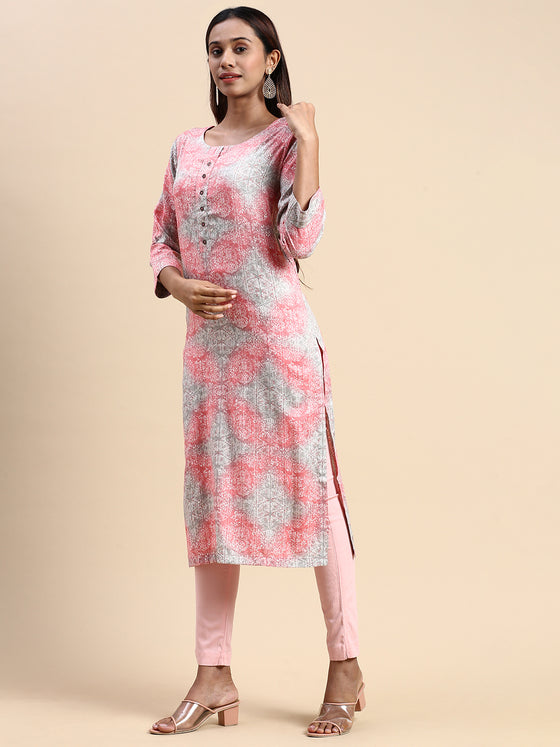 Cotton Pink & Grey Round Neck Straight Cut Printed Kurti PK32