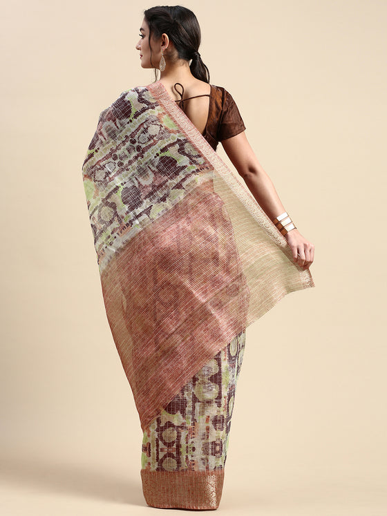 Elegant Semi Linen Flower Digital Brown & Sandal Saree SL59