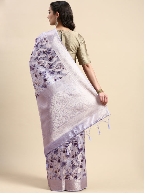 Gorgeous Dola Silk Purple Flower Digital Print with Jari Border Sarees DS04