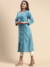 Cotton Embroidered Round Neck Straight Cut Greenish Blue Kurti EK29