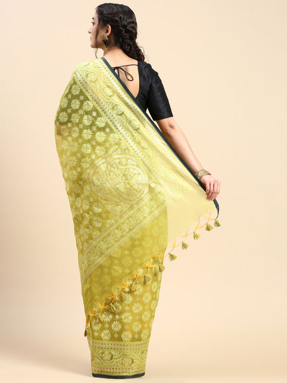 Stylish Flower Design Green Semi Kora Cotton Saree SK95