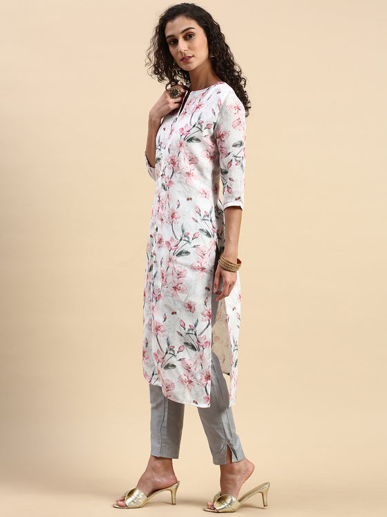 Cotton Printed Straight Cut White and Pink Kurti EK14