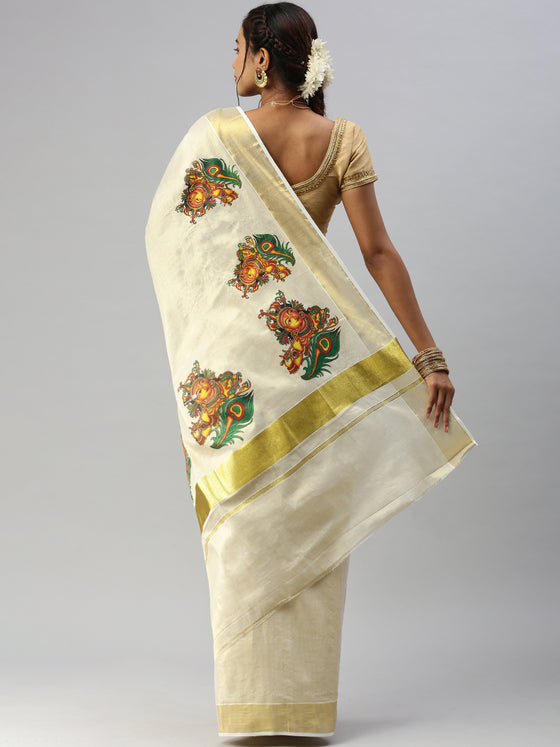 Kerala Tissue Krishna with Flute Printed Gold Jari Border Saree OKS37 Onam Collection