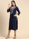 Cotton Embroidered V Neck Straight Cut Navy Kurti EK31
