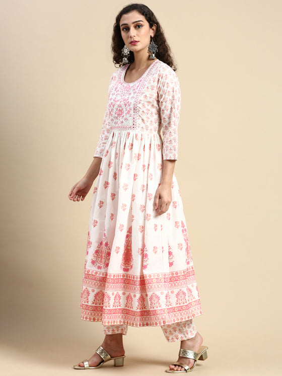 Beautiful White with Pink Printed & Embroidered Kurti Set PKS06
