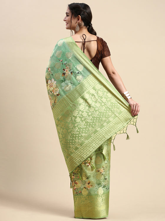 Semi Tussar Green Flower Printed Saree with Tassels STP13