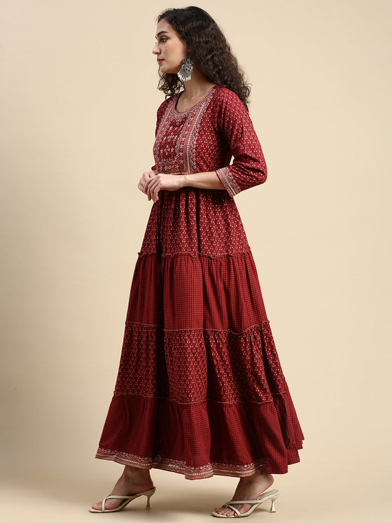 Elegant Embroidered and Printed Red & Sandal Umbrella Kurti EK20
