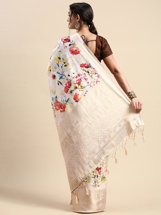 Semi Tussar Sandal Flower Printed Saree with Tassels STP14
