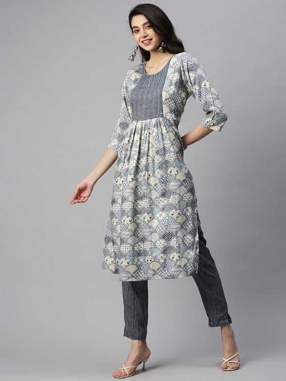 Cotton Printed Kurti Set Navy & Sandal PK05
