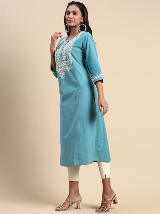 Cotton Embroidered Round Neck Straight Cut Green Kurti EK23