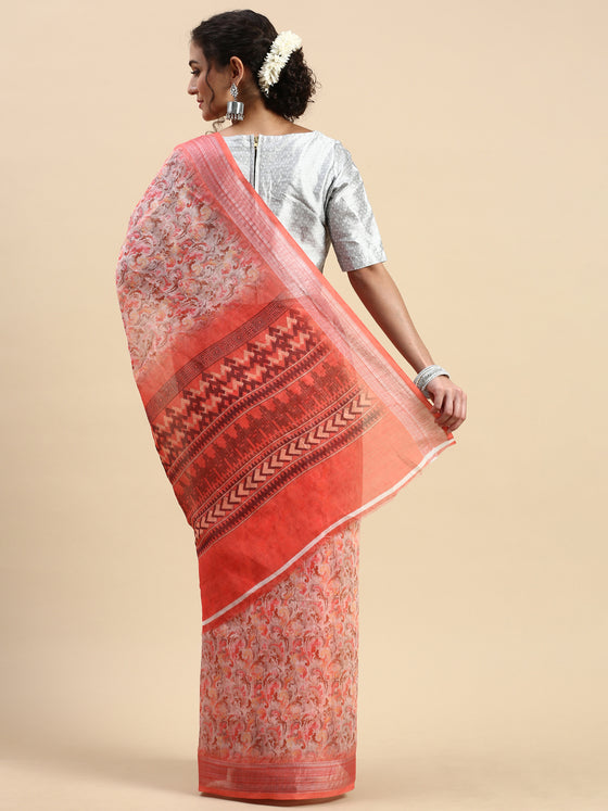 Digital Print Orange & Pink Mixed Semi Linen Saree SL12