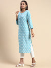 Cotton Flower Printed Round Neck Straight Cut Blue Kurti PK27