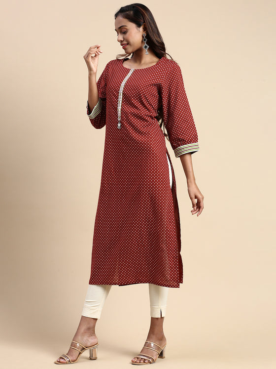 Cotton Printed Round Neck Straight Cut Brown Kurti PK29