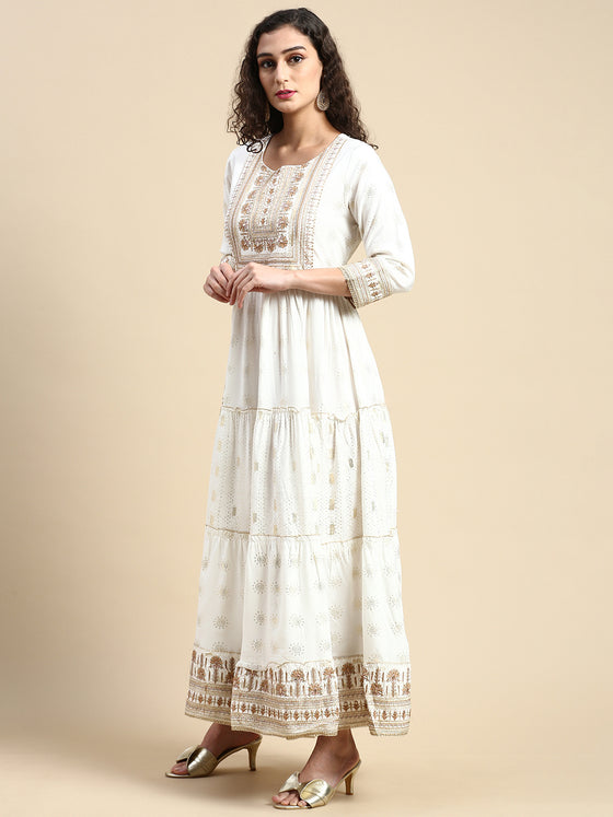 Elegant Embroidered and Printed White & Sandal Umbrella Kurti EK22