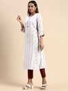 Cotton Embroidered Mandarin Collar Straight Cut Off White Kurti EK38