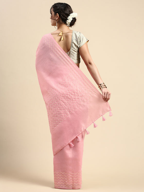 Elegant Semi Linen Plain Pink Saree SL50