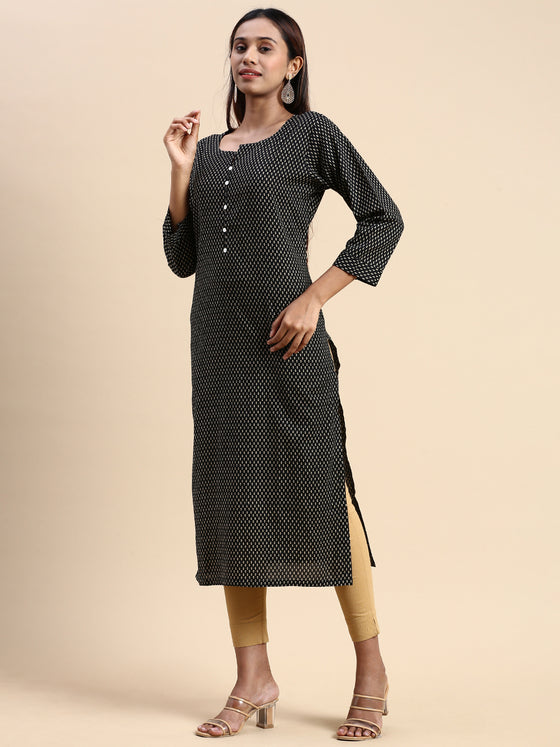 Cotton Printed Round Neck Straight Cut Black Kurti PK26