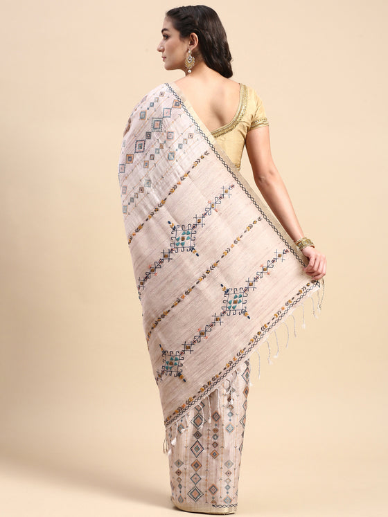 Semi Tussar Pink & Sandal Mixed Embroidery Saree ST89