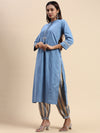 Cotton Blue & Brown Collar Neck Straight Cut Printed Kurti Set PKS10