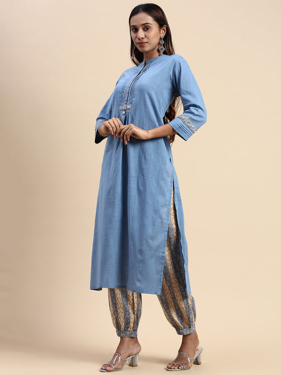 Cotton Blue & Brown Collar Neck Straight Cut Printed Kurti Set PKS10