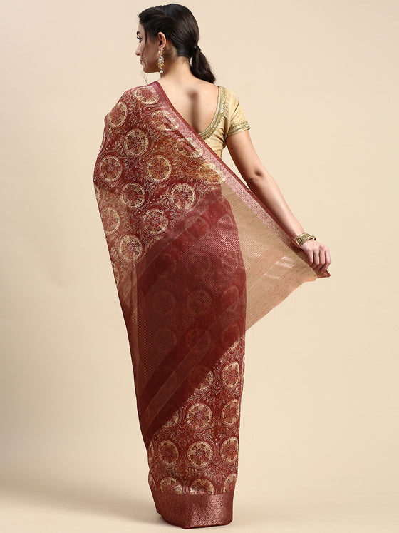 Elegant Semi Linen Flower Digital Print Maroon & Sandal Saree SL57