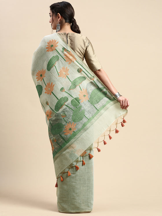 Womens Semi Tussar Sandal & Grey Flower Embroidery Saree ST92