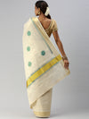 Kerala Tissue Flower Printed Gold Jari & Green Border Saree OKS16