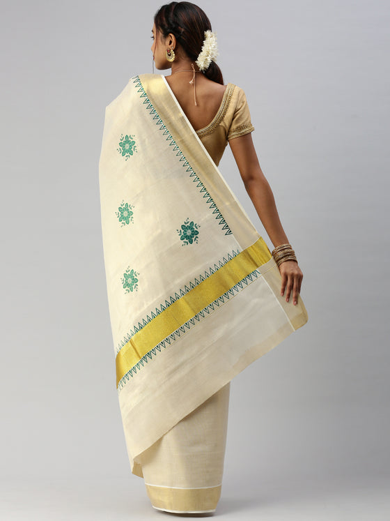 Kerala Tissue Flower Printed Gold Jari & Green Border Saree OKS16