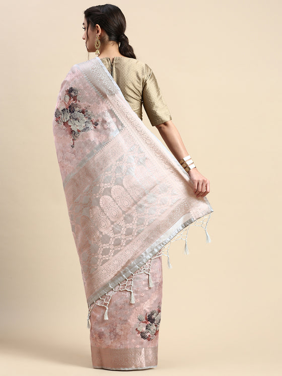 Beautiful Dola Silk Light Peach Flower Digital Print with Jari Border Sarees DS05