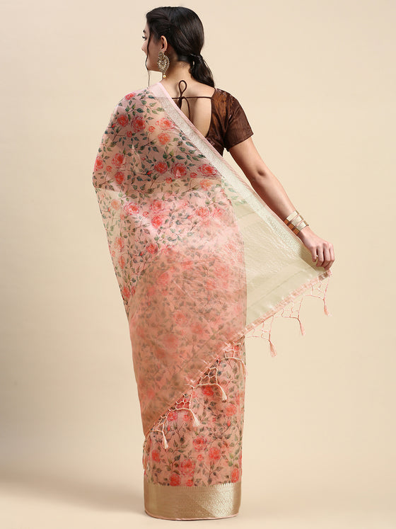 Elegant Semi Linen Flower Digital Light Pink Saree SL62