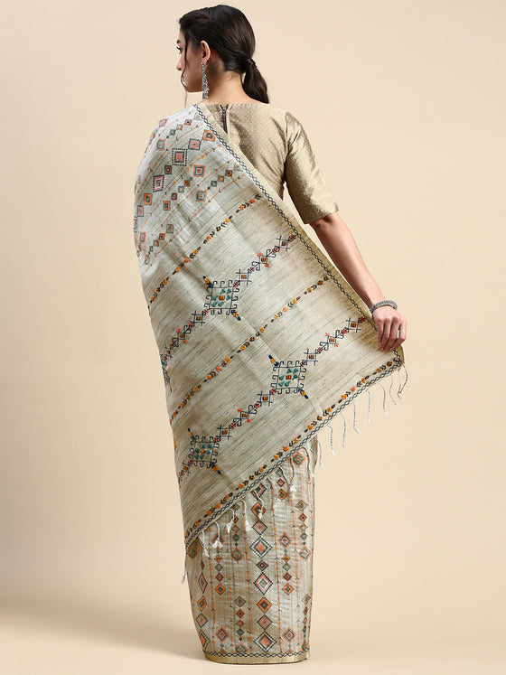 Elegant Semi Tussar Grey Embroidery Saree ST91