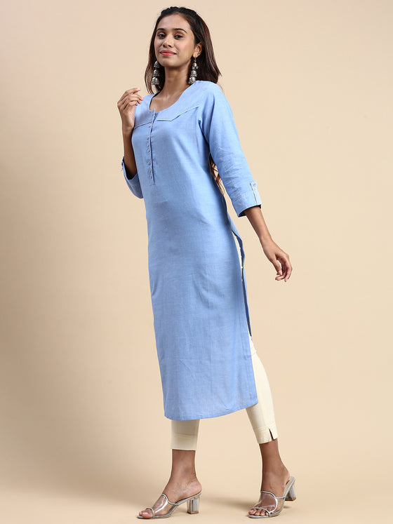 Cotton Plain Round Neck Straight Cut Blue Kurti CPK01