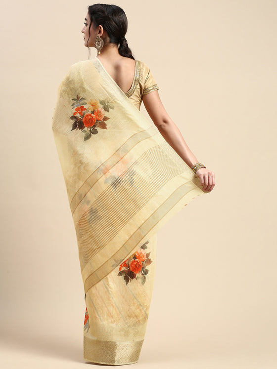 Elegant Semi Linen Flower Digital Light Sandal Saree SL58