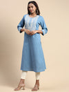 Cotton Embroidered Round Neck Straight Cut Blue Kurti EK26