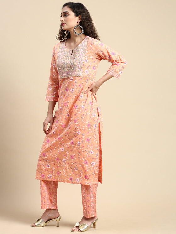 Beautiful Orange with Pink Printed & Embroidered Kurti Set PKS07