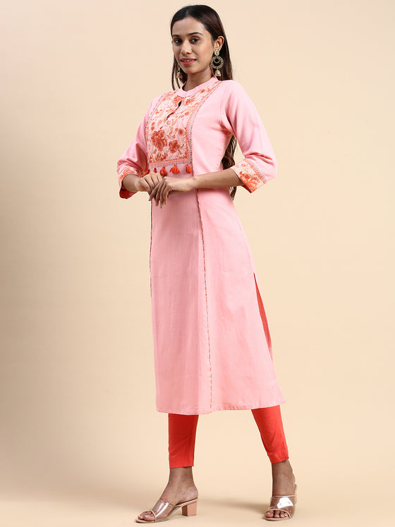 Cotton Pink & Brown Collar Neck Straight Cut Printed Kurti PK34