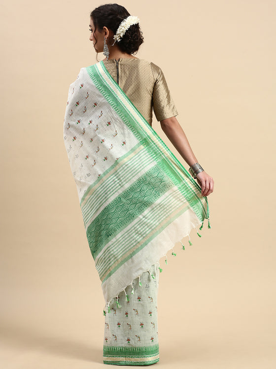 Semi Cotton Printed Saree White and Green SCS03