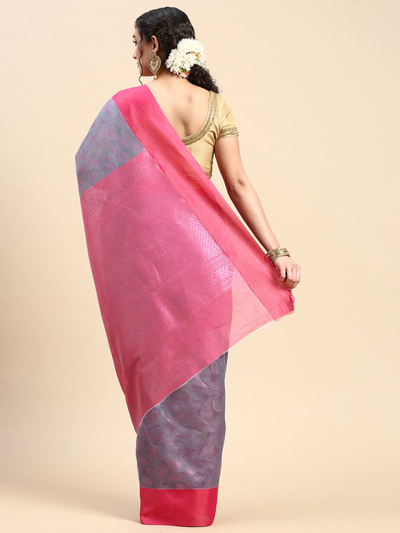 Stylish Grayish Blue with Contrast Pink Border Semi Kora Cotton Saree SK86