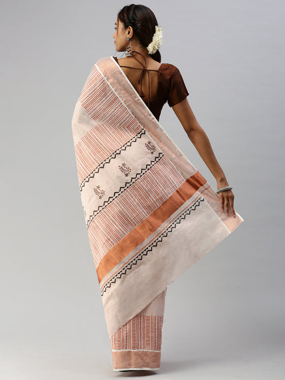 Kerala Copper Tissue Printed Saree with Zari Border OKS32 Onam Collection