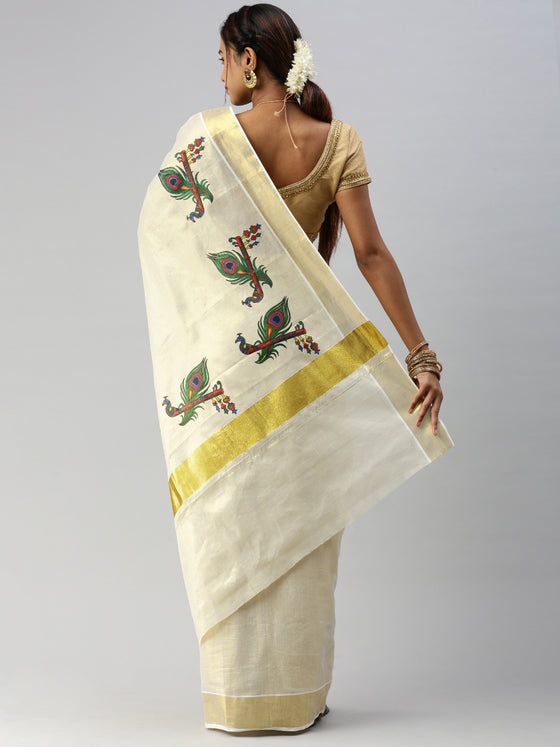 Kerala Tissue Peacock & Flute Printed Gold Jari Border Saree OKS36 Onam Collection
