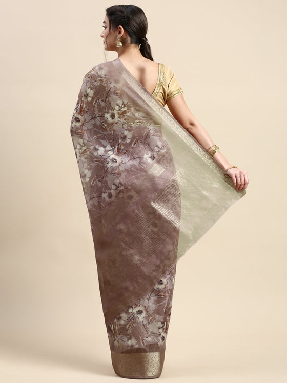 Semi Linen Flower Digital Brown & Dark Grey Saree SL61