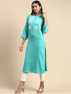 Cotton Embroidered Mandarin Collar Straight Cut Green Kurti EK25