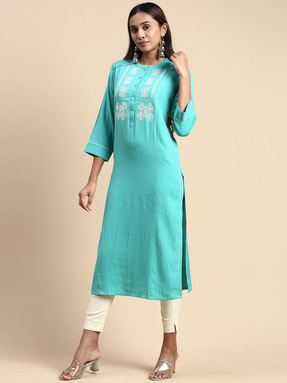 Cotton Embroidered Mandarin Collar Straight Cut Green Kurti EK25