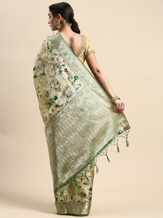 Beautiful Dola Silk Green Flower Digital Print with Jari Border Sarees DS02
