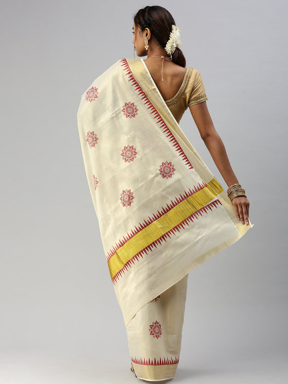 Kerala Tissue Flower Printed Gold Jari & Maroon Border Saree OKS15